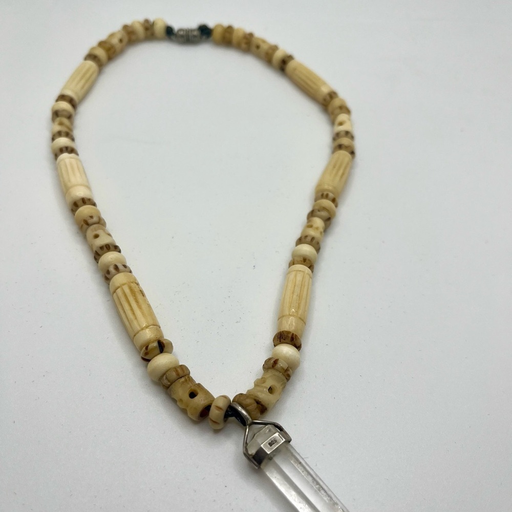 Vintage Bone Bead Necklace Sterling Silver Rock Crystal Quartz Pendant - Picture 6 of 13
